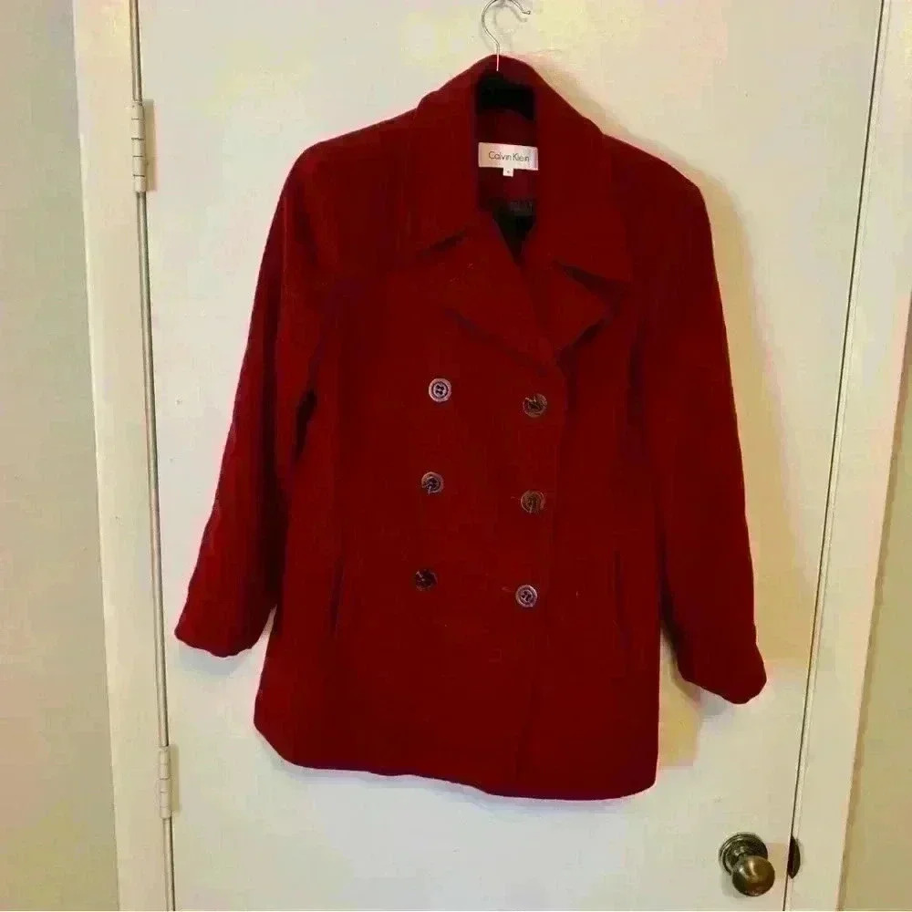 Calvin Klein Red Wool Blend Pea Coat Size 8
